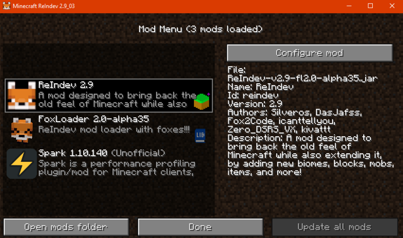 File:FoxLoader Minecraft ReIndev Default FoxLoader Mods In Mod Menu.png