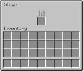 The GUI of the stove. The top half shows an empty item slot with a silhouette of a burning icon on top of it. The bottom half shows the player's inventory.