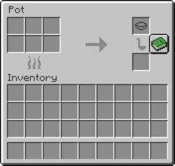The GUI of the stove. The top half shows 6 empty item slots on the left side as the input. On the right side, there is an empty slot with the outline of a bowl on stop of a silhouette of a ladle. Under the ladle is another empty slot for the pot's output. Next to the bowl and output slots, there is a button for recipes. The bottom half shows the player's inventory.